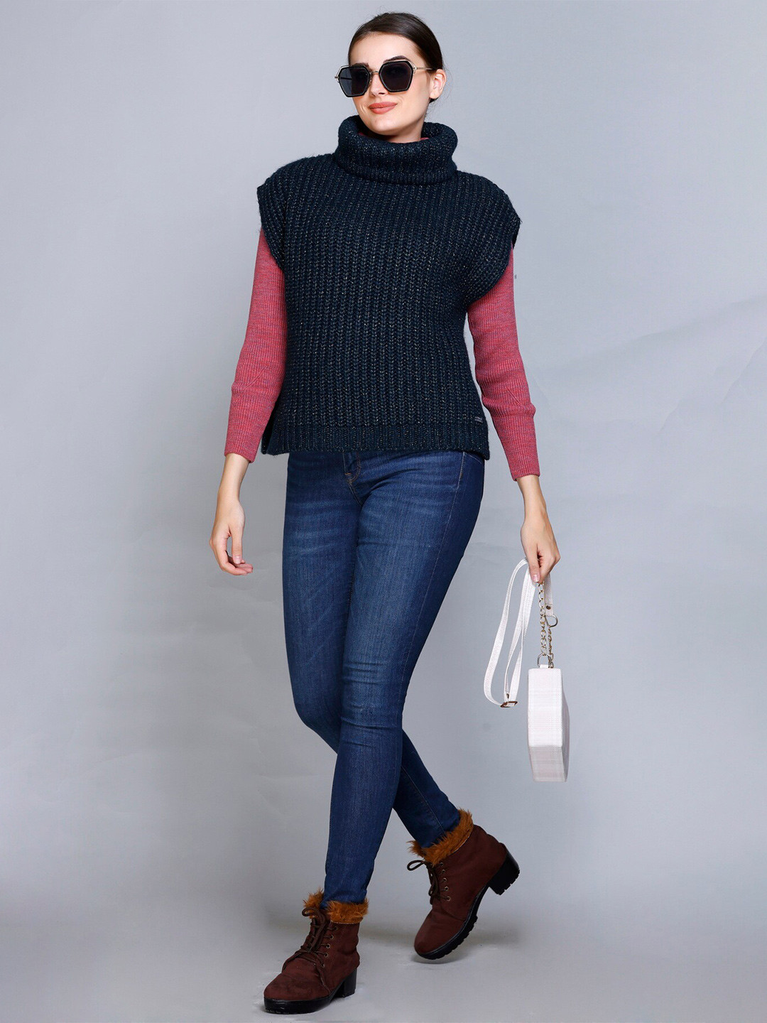 513 Cable Knit Striped Turtle Neck Sleeveless Straight Poncho Sweater