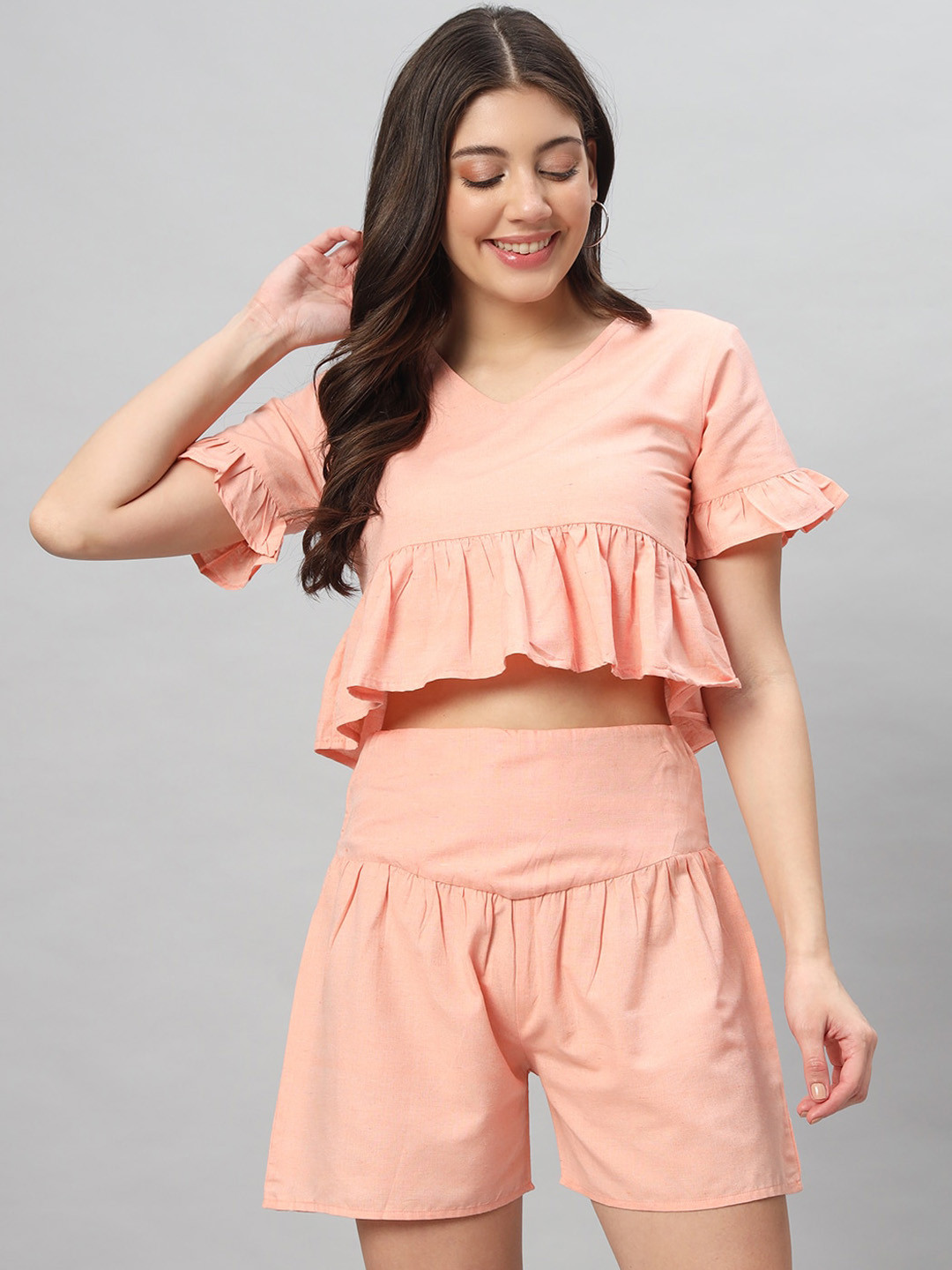 Mast & Harbour pink Pure Cotton V-Neck crop Top With Shorts Co-Ords