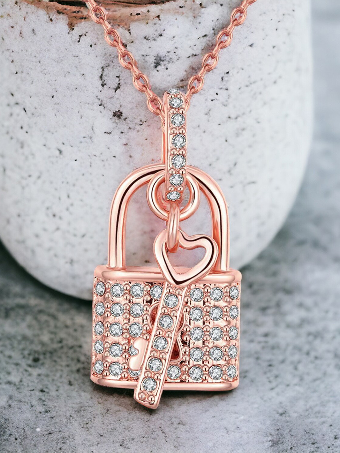 Okos Rose Gold-Plated Stone Studded Lock & key Love Pendant Chain