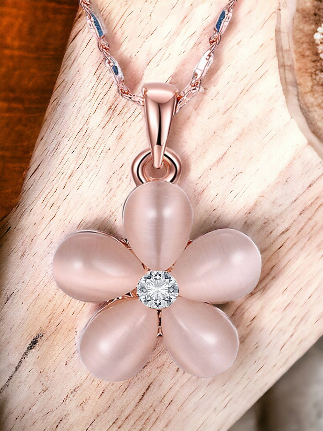 Okos Rose Gold-Plated Petals-Shaped Floral Pendant With Chain