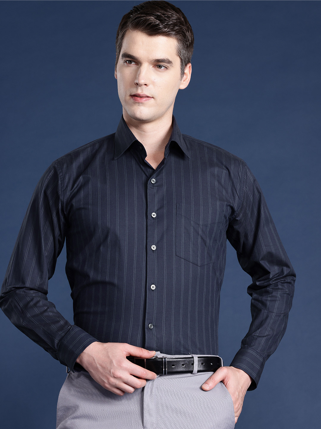 Hancock Men Slim Fit Striped Pure Cotton Formal Shirt