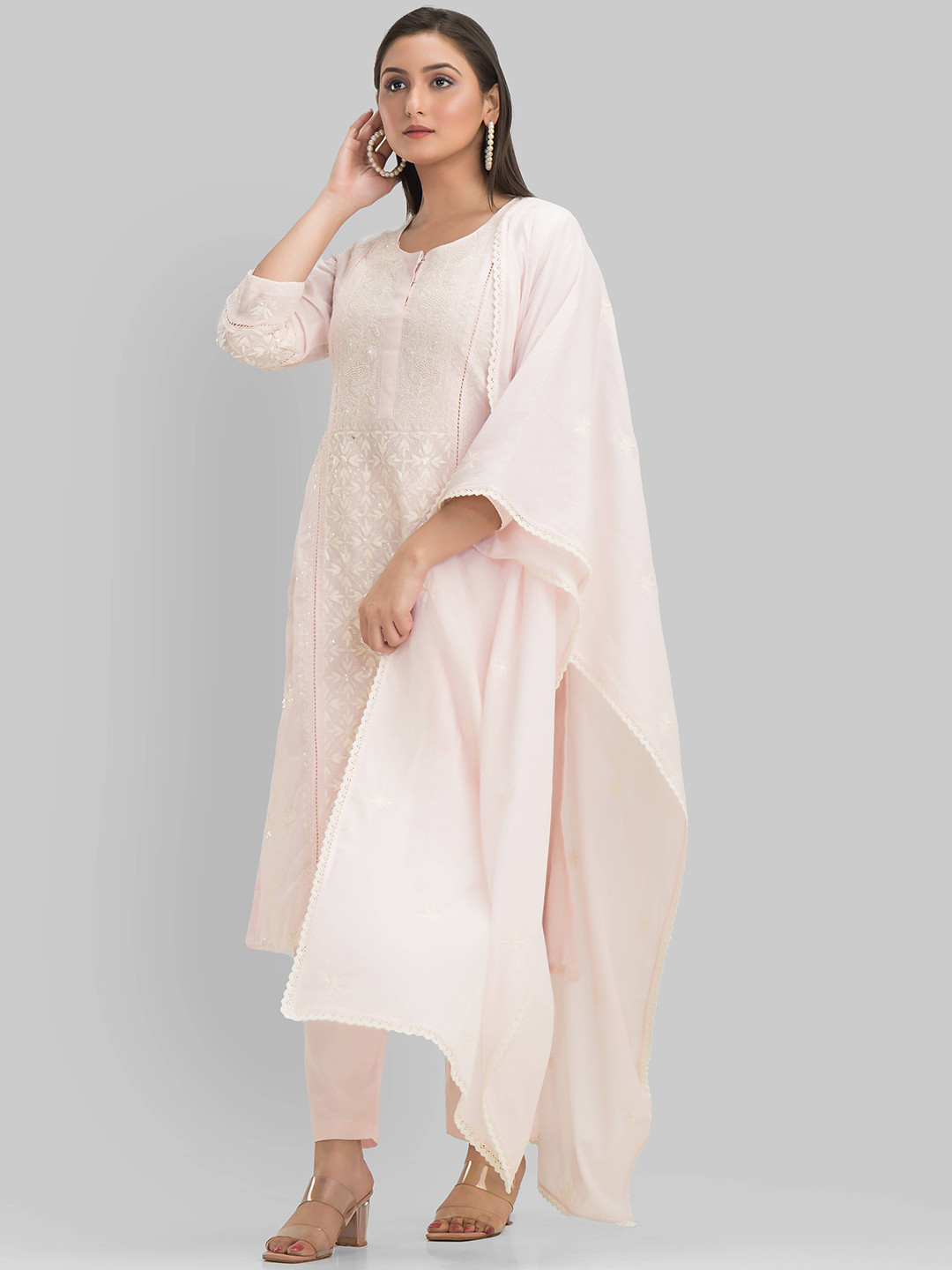 SACRED SUTA Floral Embroidered Regular Sequins Pure Cotton Straight Kurta Set