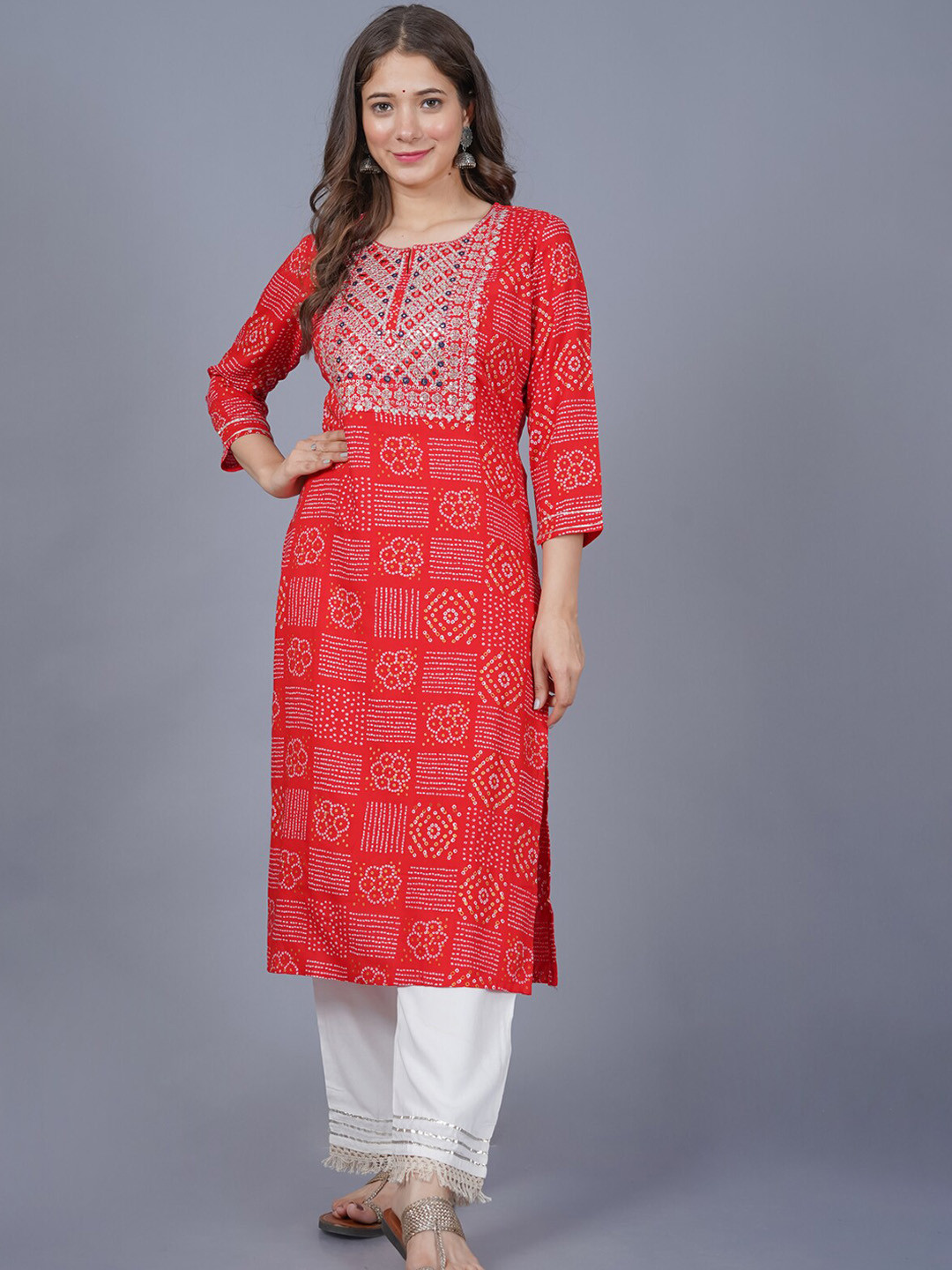 SARAI CREATIONS Zari and Thread Emboridered Sequence Work Bandhani Printed Straight Kurta