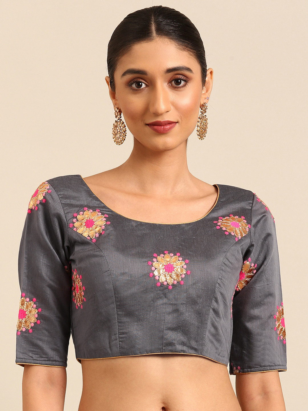 Ethnovog Floral Embroidered Gotta Patti Boat Neck Saree Blouse