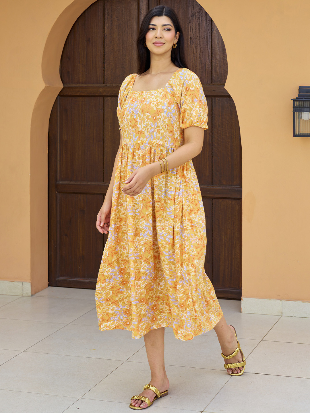Libas Ethnic Motifs Printed Gathered or Pleated Square Neck A-Line Midi Dress