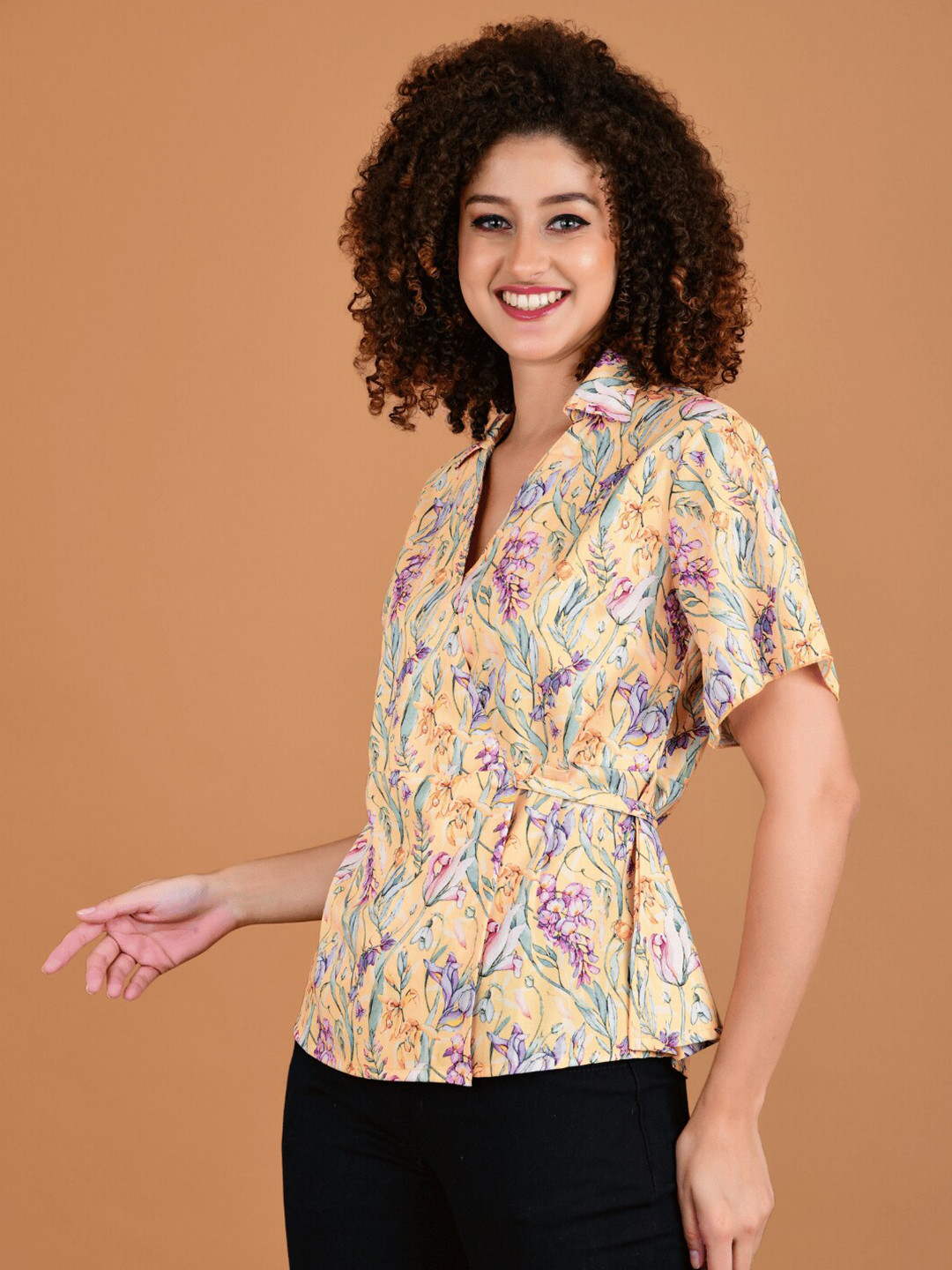 Boholyfe Floral Printed Short Sleeves Shirt Collar Wrap Crepe Top
