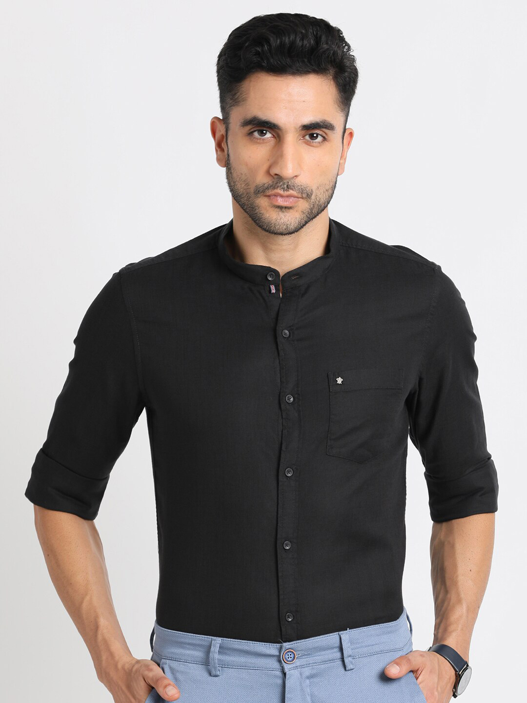 Turtle Relaxed Slim Fit Mandarin Collar Opaque Casual Shirt