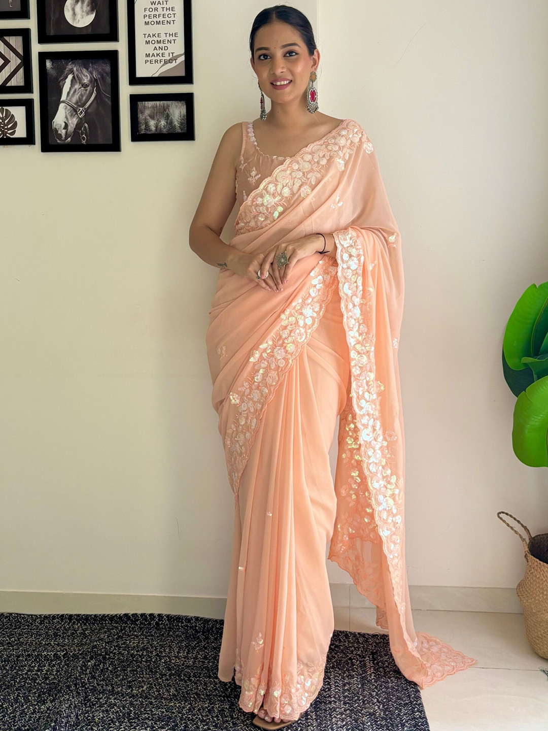 Mitera Sequinned Poly Georgette Saree  With Blouse Piece