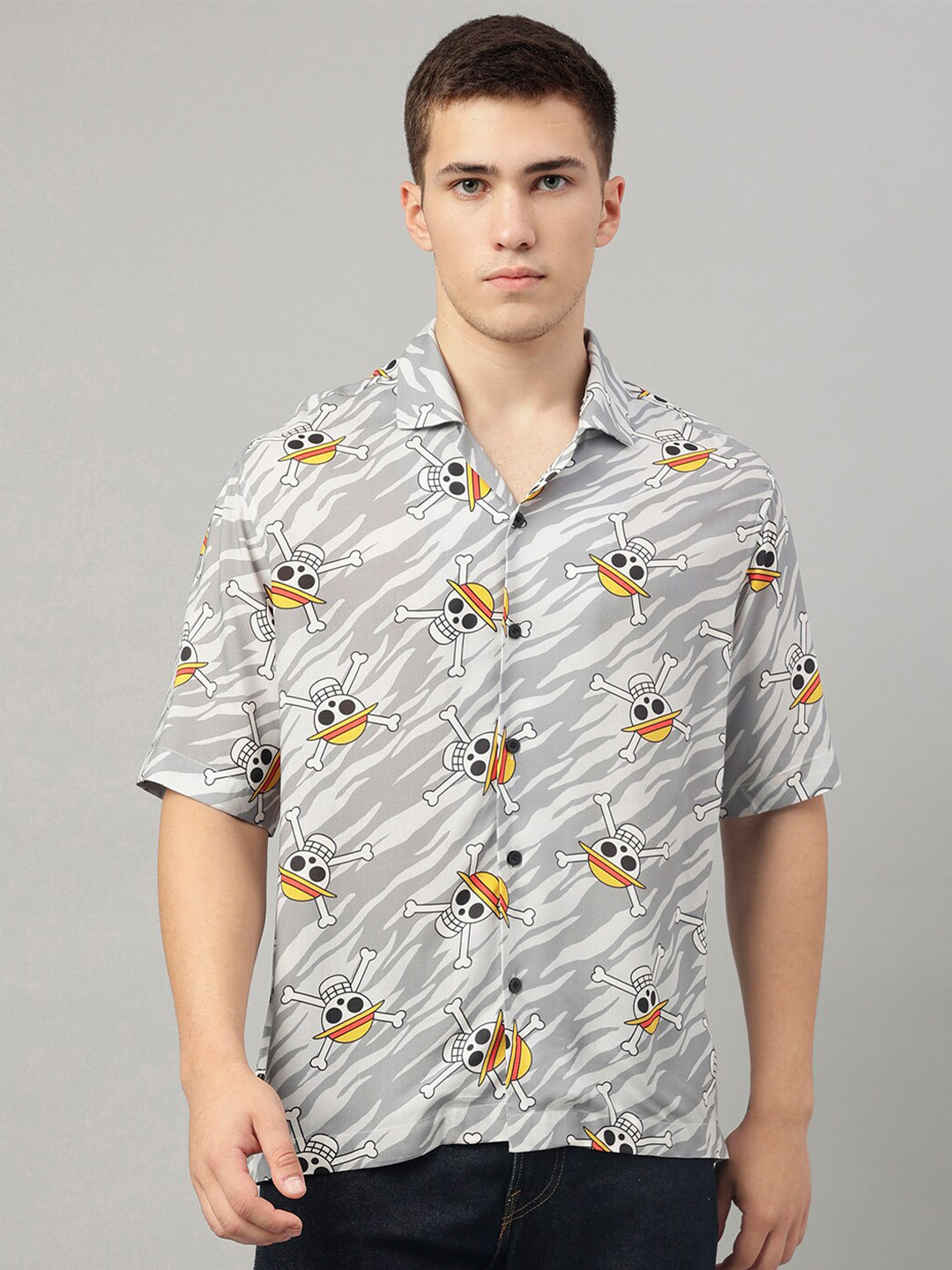 Free Authority One Piece Anime Printed Spread Collar Short Sleeves Casual Shirt