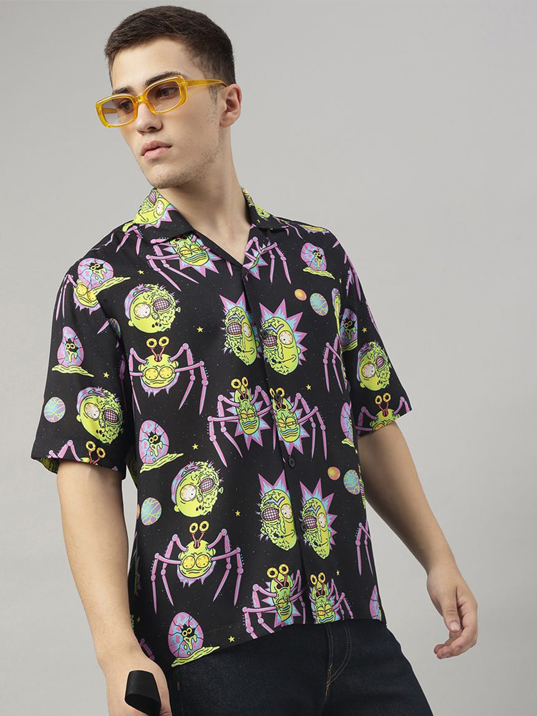Free Authority Rick & Morty Printed Spread Collar Short Sleeves Regular Fit Shirt