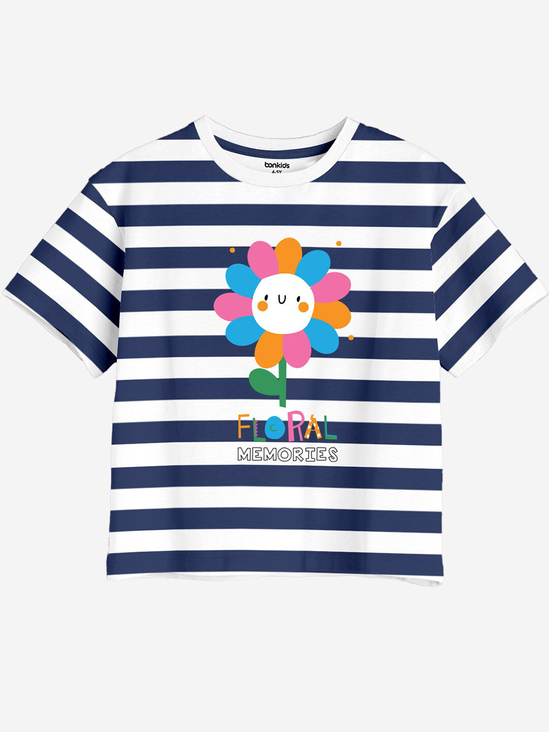 BONKIDS Girls Graphic Striped Applique Cotton Oversized T-shirt