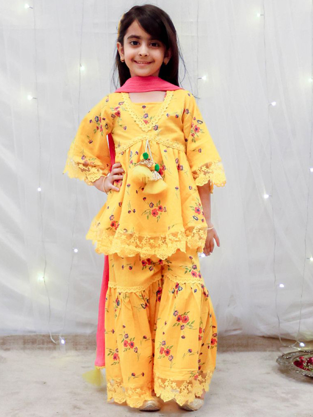 Fayon Kids Girls Floral Printed Kimono Sleeves Gotta Patti Cotton Anarkali Kurti & Sharara