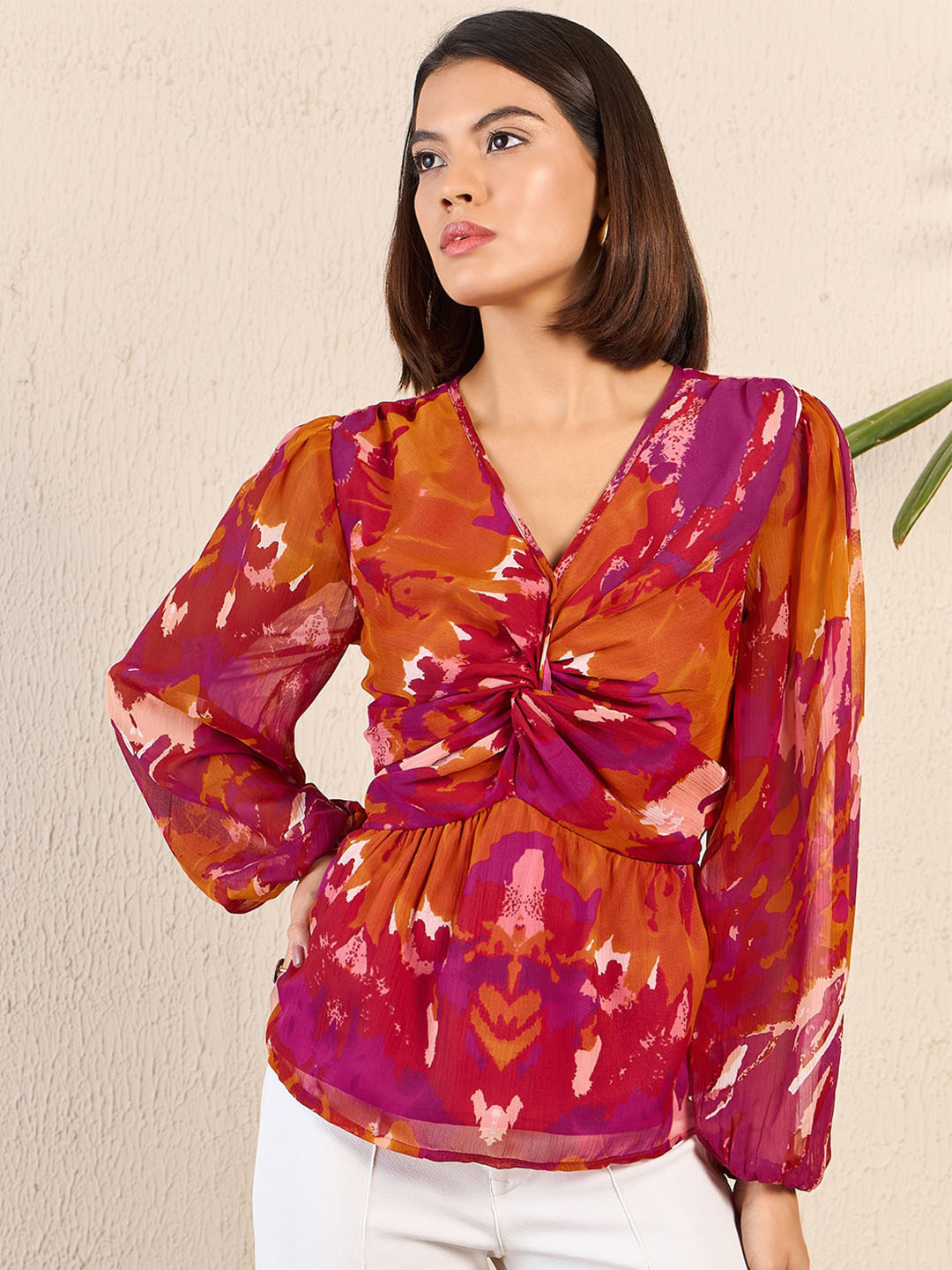 Kibo Abstract Print V-Neck Cuffed Sleeves Chiffon Regular Top