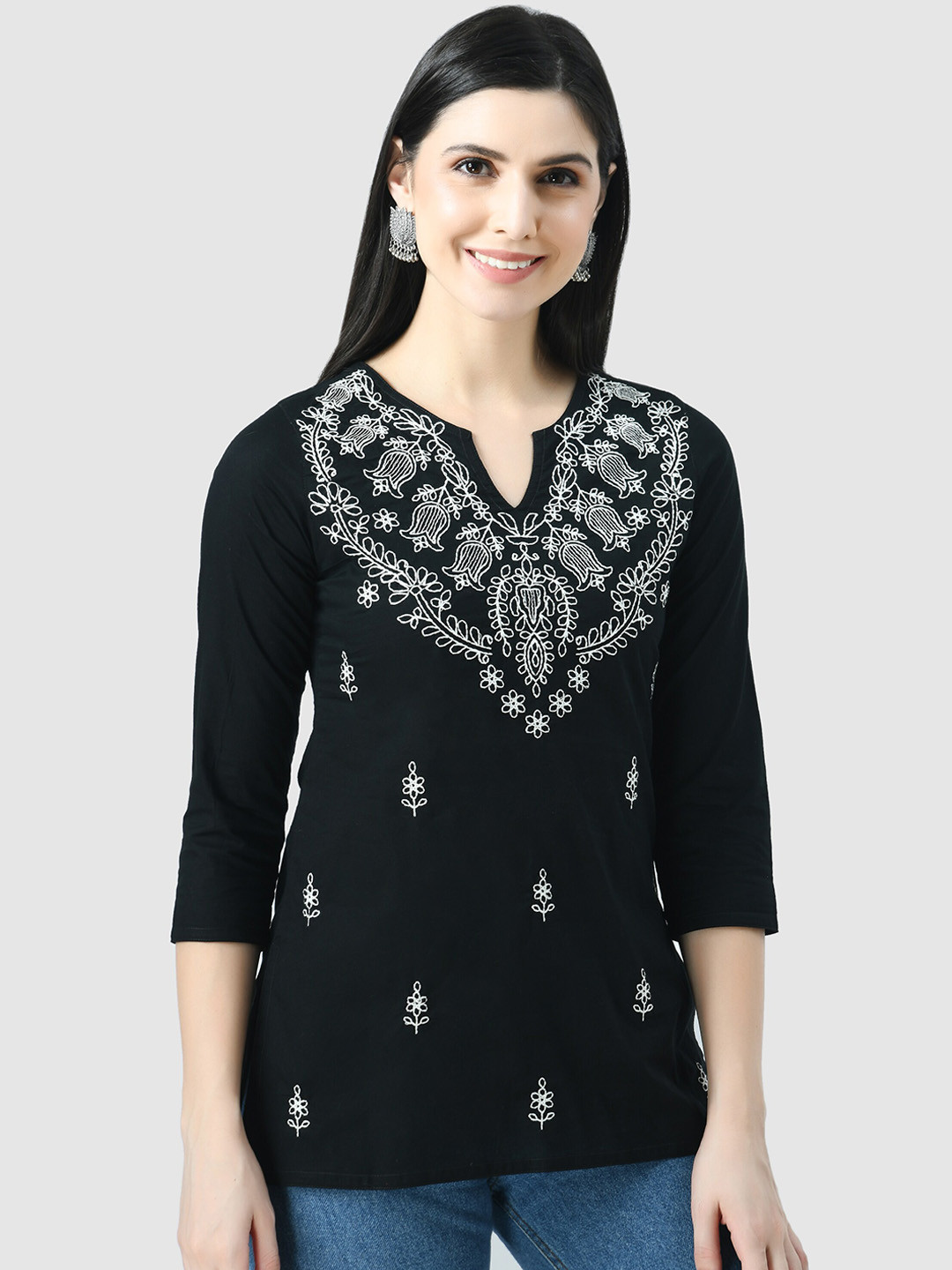 QAZMI Chikankari Notch Neck Work Kurti