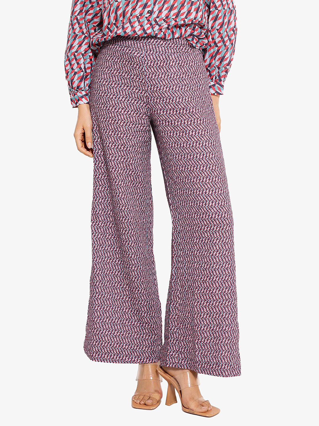 RAREISM Women Loose Fit Geometric Printed High-Rise Cotton Wide Leg Trousers