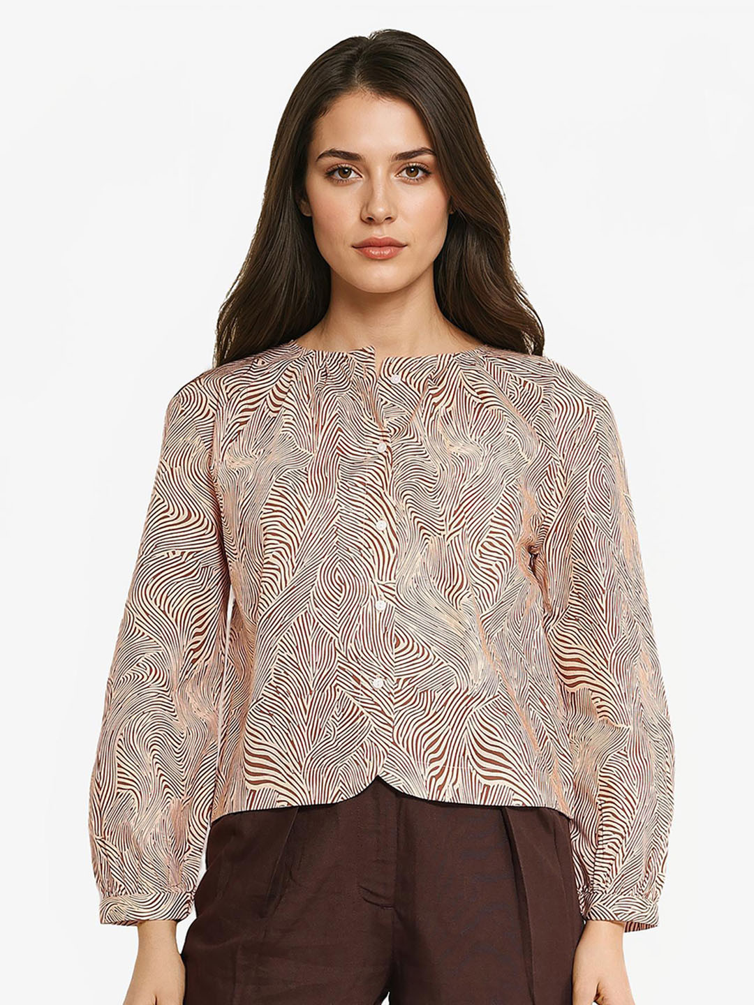 RAREISM Animal Printed Cuffed Sleeves Cotton Styled Back Top