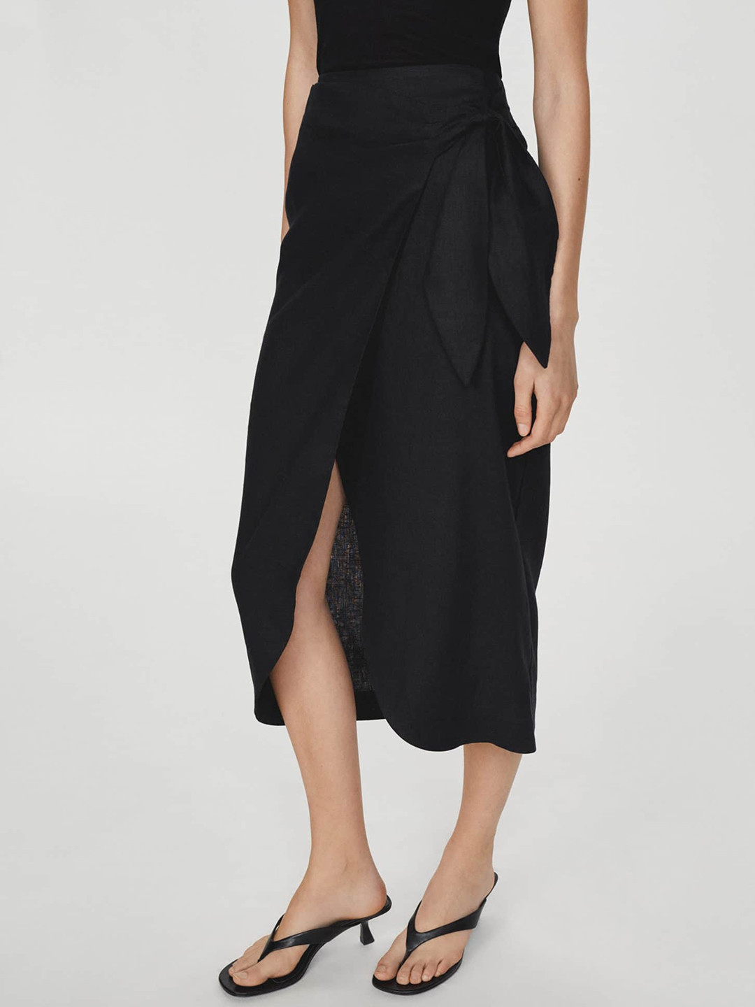 MANGO Linen Cross-Over Tie-Up Sarong Style Midi Skirt