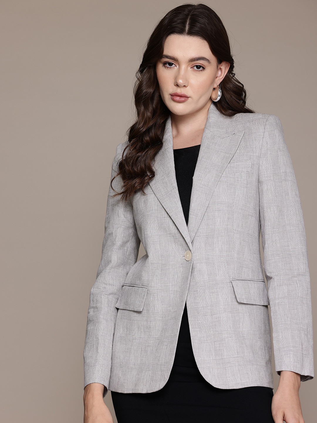 MANGO Notched Lapel Collar Micro Checked Single-Breasted Blazer