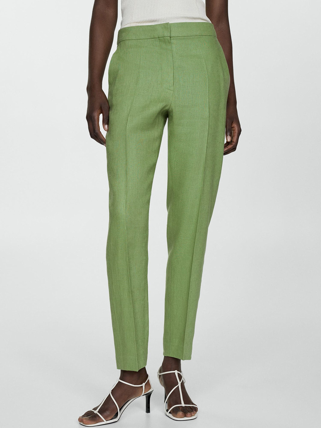 MANGO Women Pure Linen Straight Formal Regular Fit Trousers