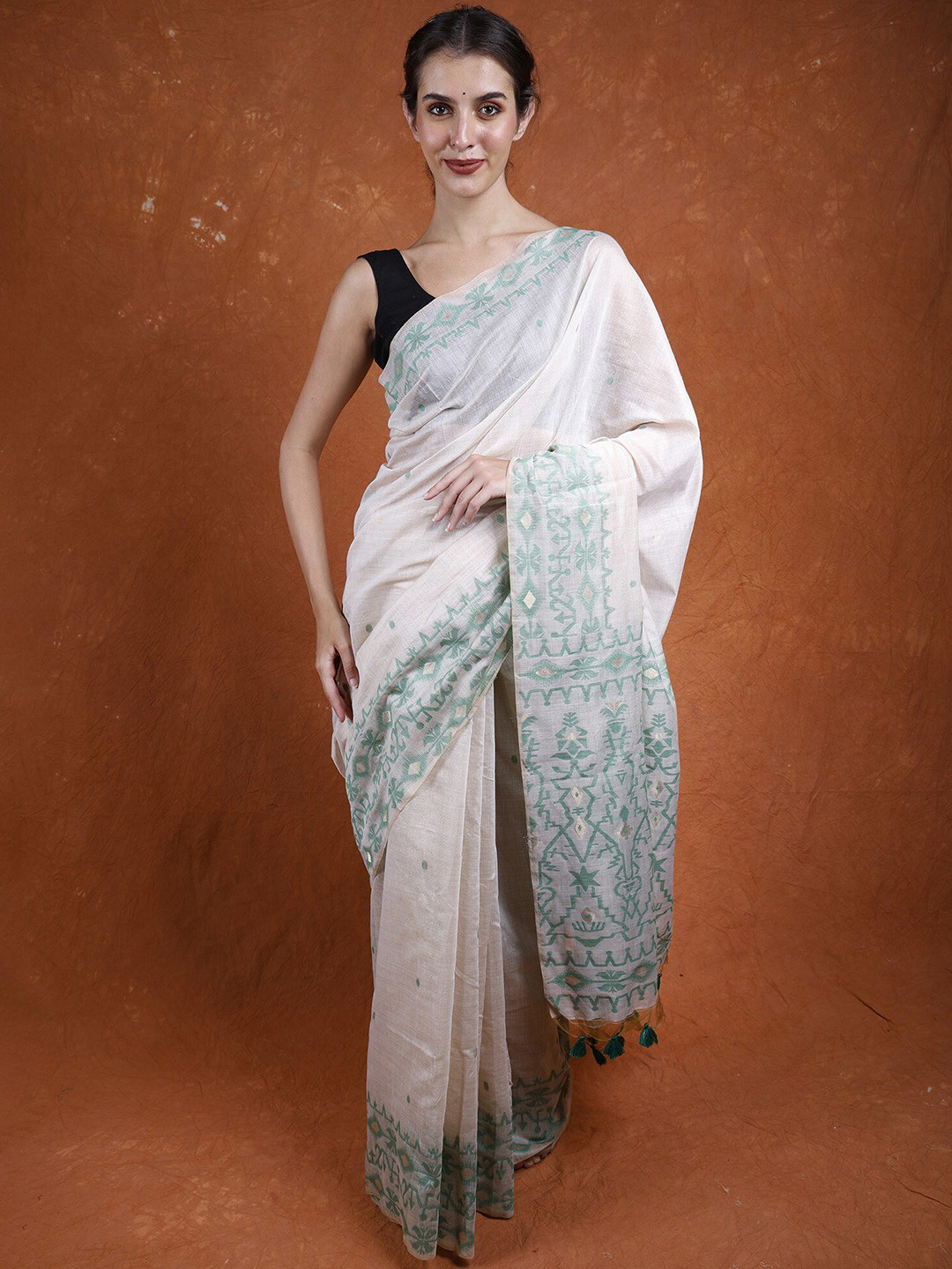 Exotic India Pure Cotton Katydid Authentic Jamdani Saree