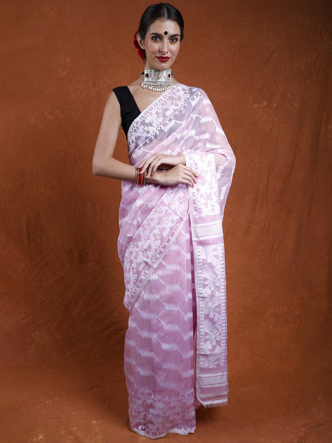 Exotic India Pink Tulle Pure Cotton Jamdani Saree with Woven Motifs