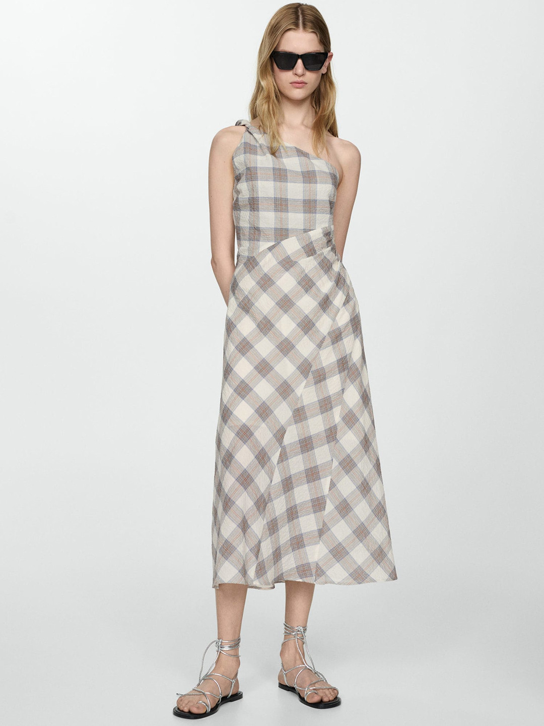 MANGO One Shoulder Checked Sheath Dress