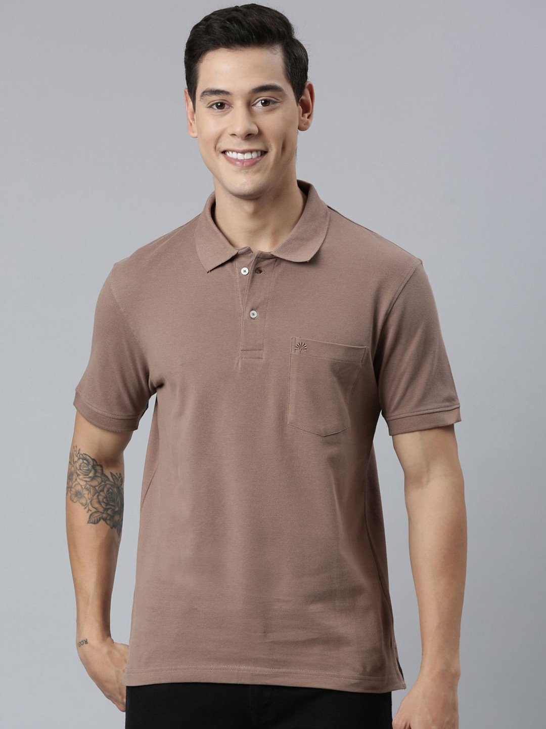 Chennis Brown Polo Collar Pure Cotton Pockets Slim Fit T-shirt