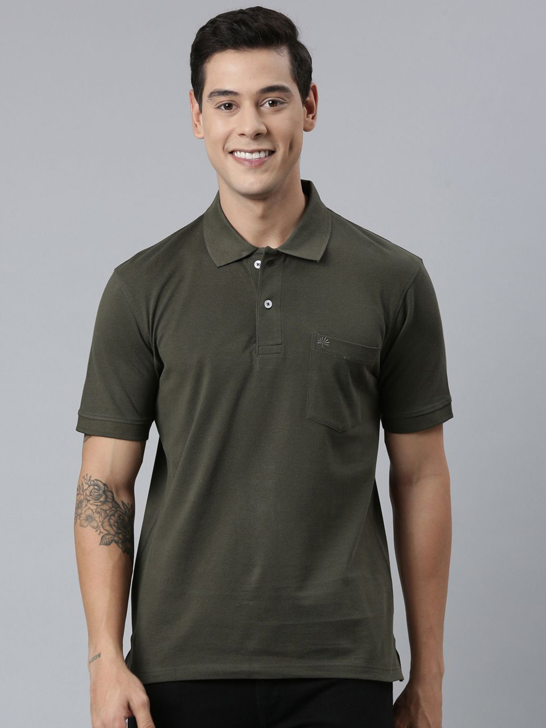 Chennis Olive Green Polo Collar Pure Cotton Pockets Slim Fit T-shirt