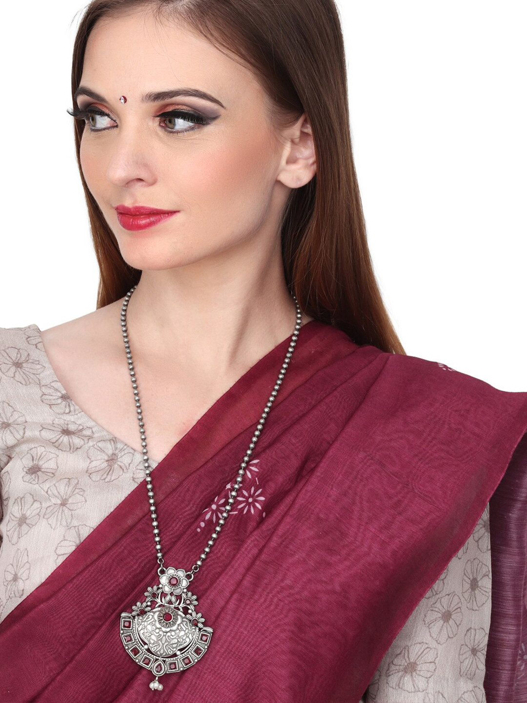 Anvik Brass Silver-Plated Oxidised AD Stone Studded Statement Necklace