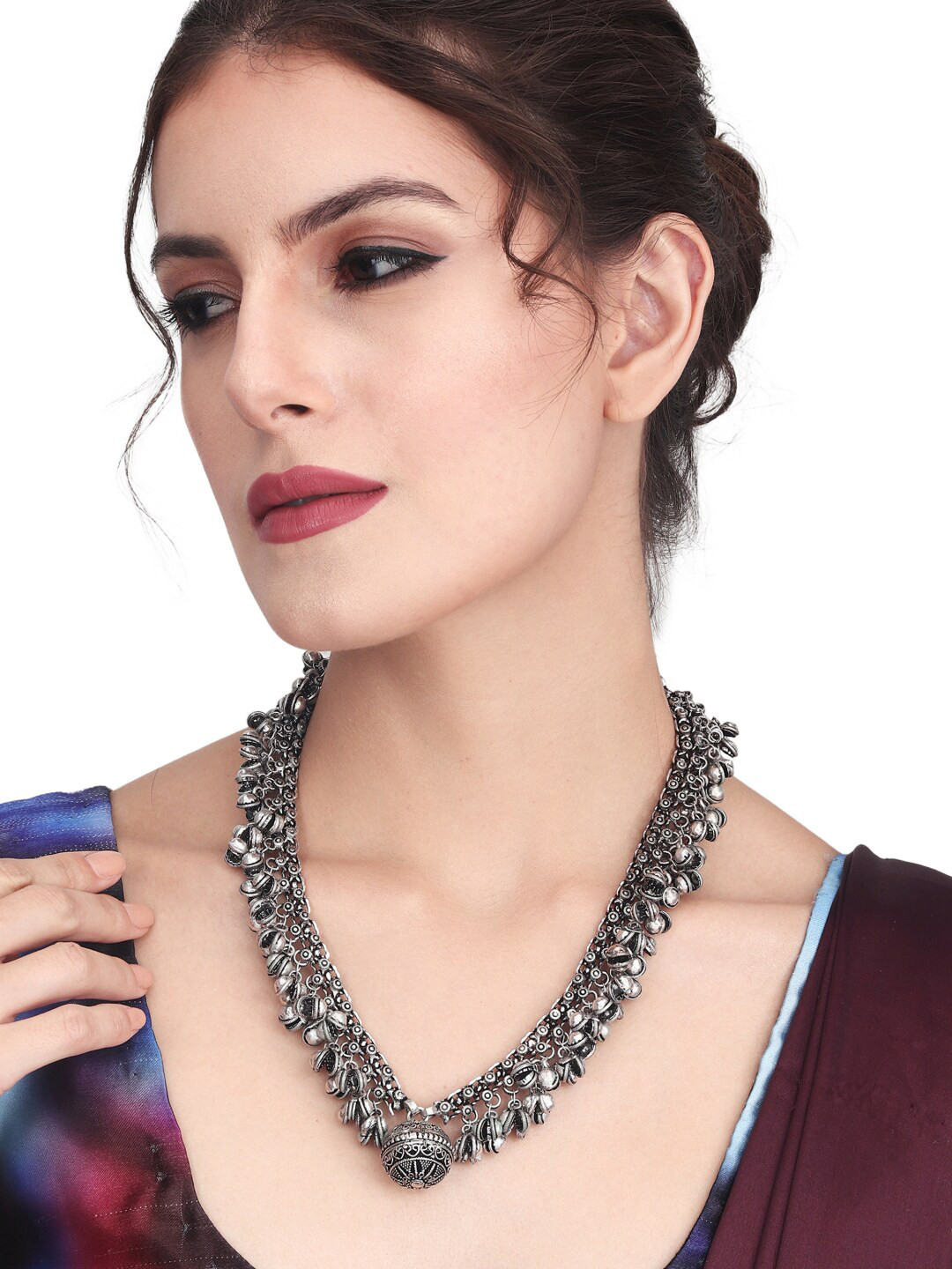 Anvik Silver-Plated Oxidised Ghungroo Statement Necklace
