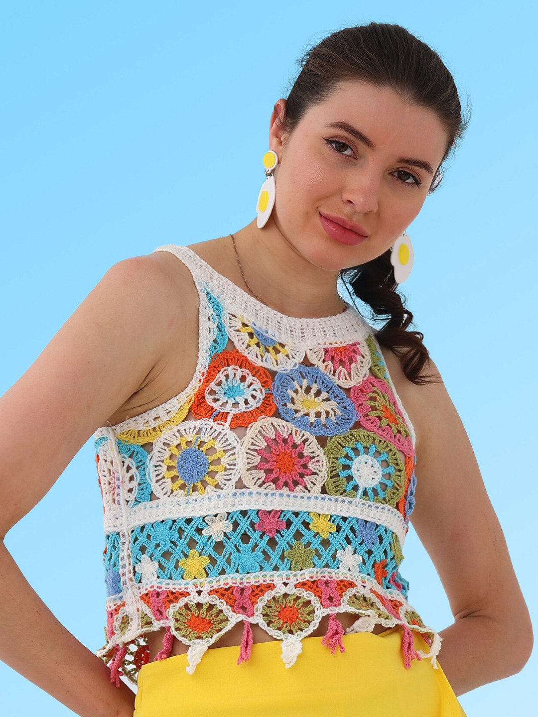 Boho By Athena Round Neck Sleeveless Fringed Crochet Cotton Top