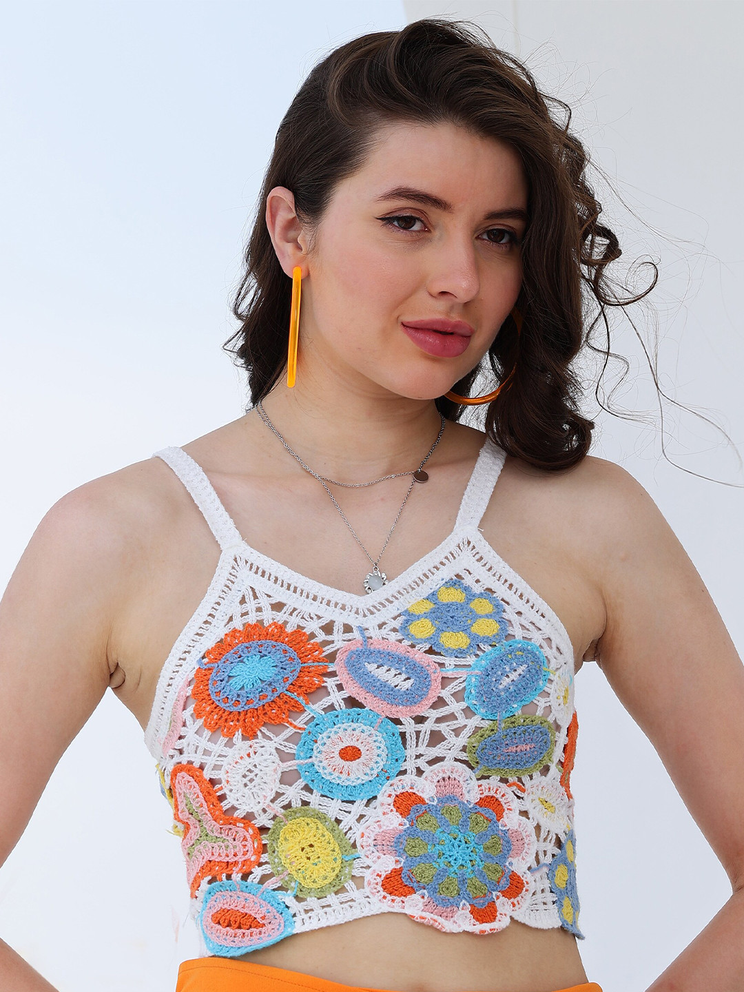 Boho By Athena Floral Print Shoulder Strap Fringed Cotton Fitted Crop Top