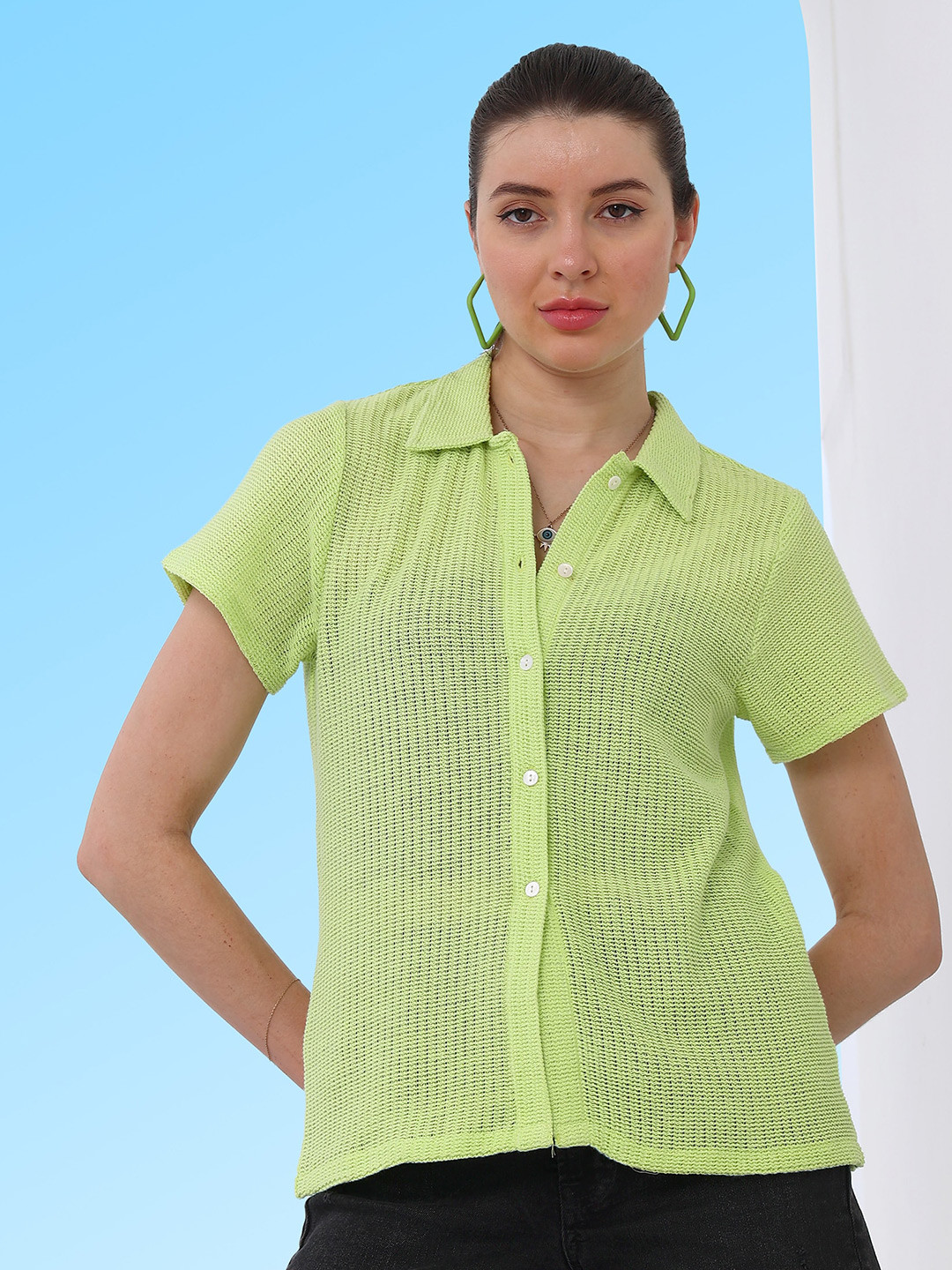 Boho By Athena Spread Collar Cotton Semi Sheer Casual Shirt