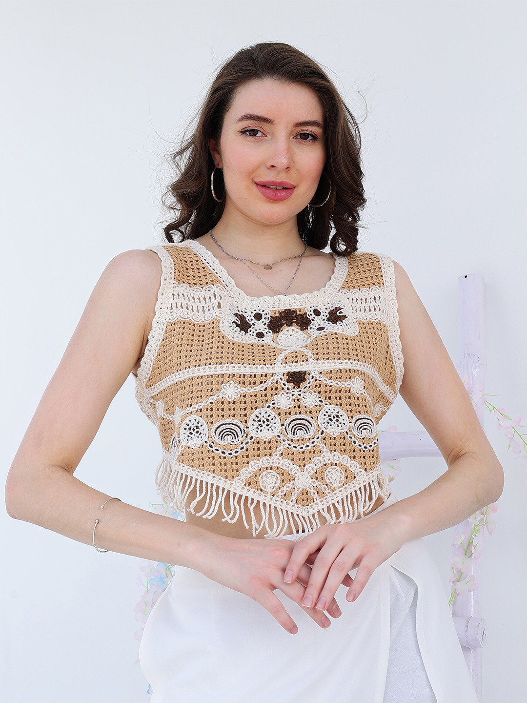 Boho By Athena Embellished Print Fringed  Crochet Cotton Top