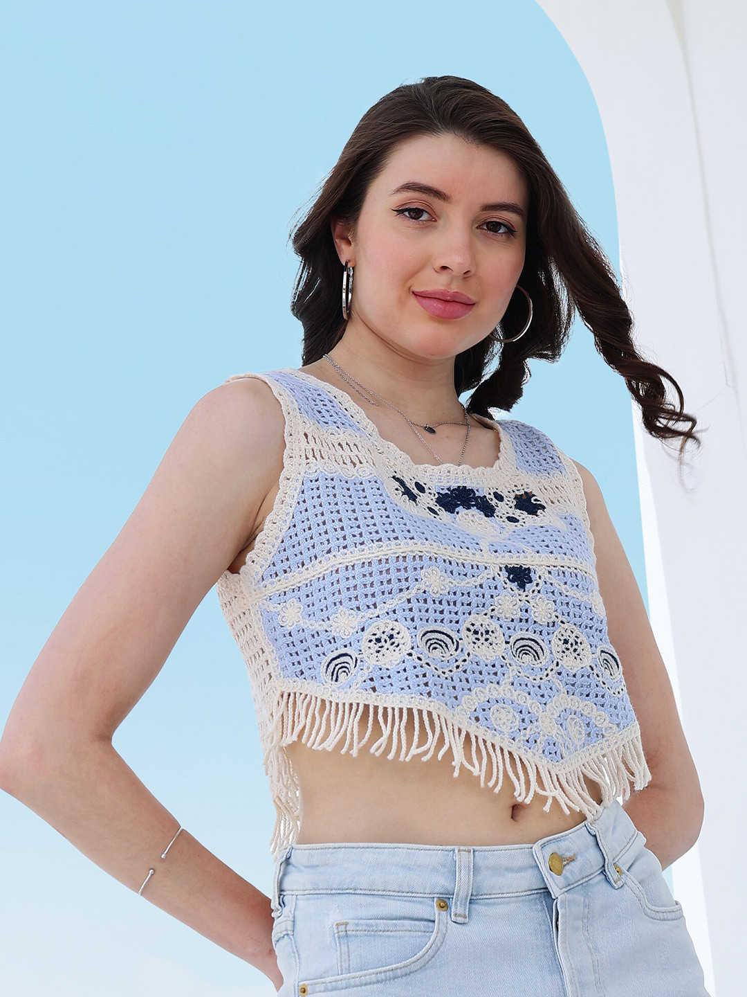 Boho By Athena Self Design Fringed Crochet Cotton Top