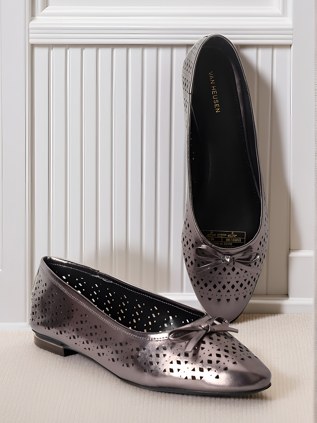 Van Heusen Women Textured Ballerinas with Laser Cuts & Bow Detail