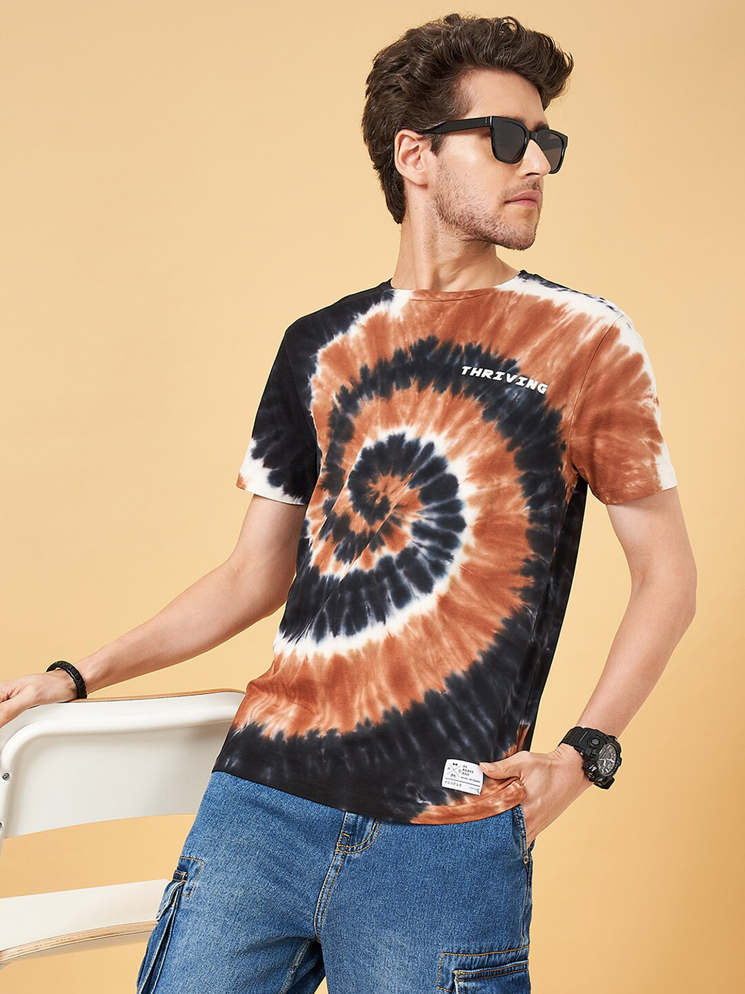People Brown Tie and Dye Printed Slim Fit Cotton Casual T-shirt
