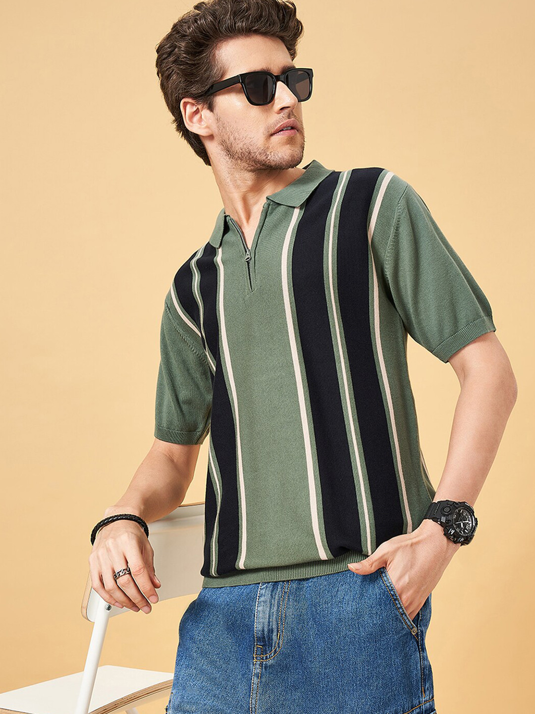 People Green Striped Polo Collar Drop-Shoulder Sleeves Pure Cotton Casual T-shirt