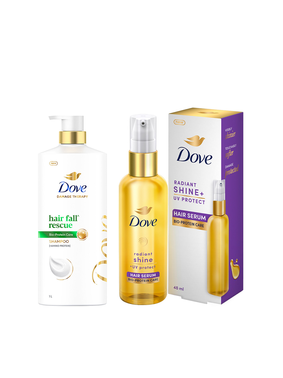 Dove Hair Fall Rescue Shampoo For Weak Hair 1L & Radiant Shine UV Protect Hair Serum 48ml