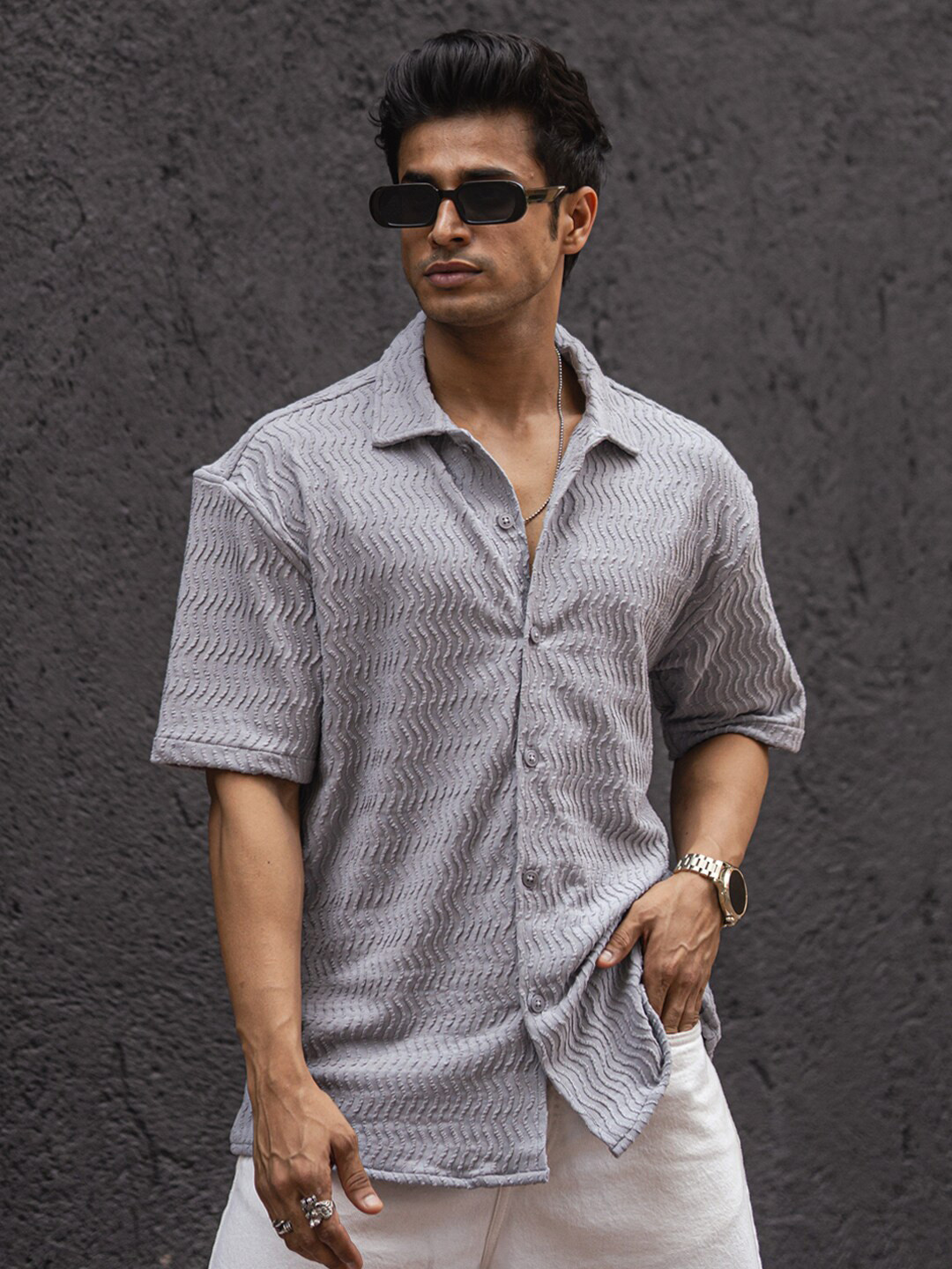 Powerlook Grey India Slim Oversized Fit Self Design Textured Spread Collar Shirt
