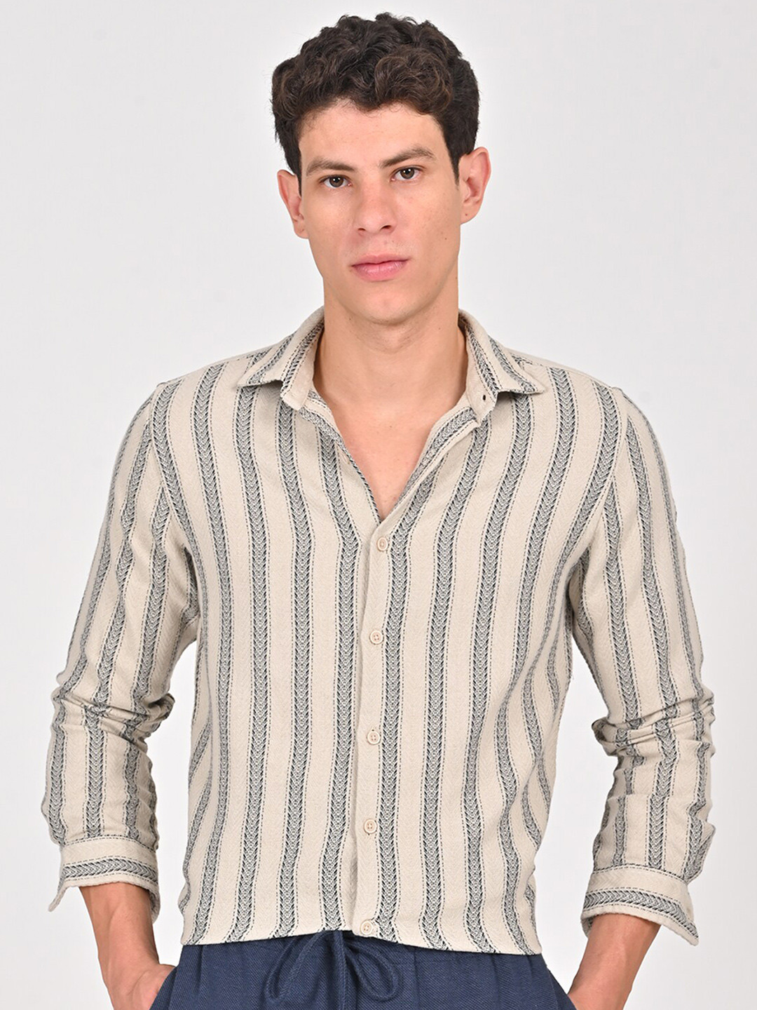 POE Spread Collar Long Sleeves Smart Slim Fit Cotton Striped Casual Shirt