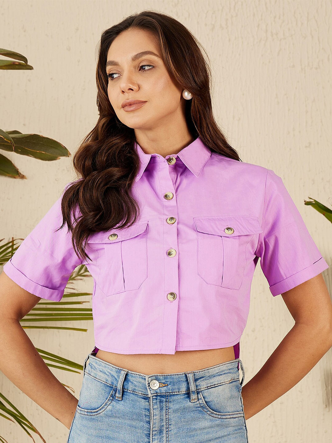 Marie Claire Purple Cotton Casual Crop Shirt