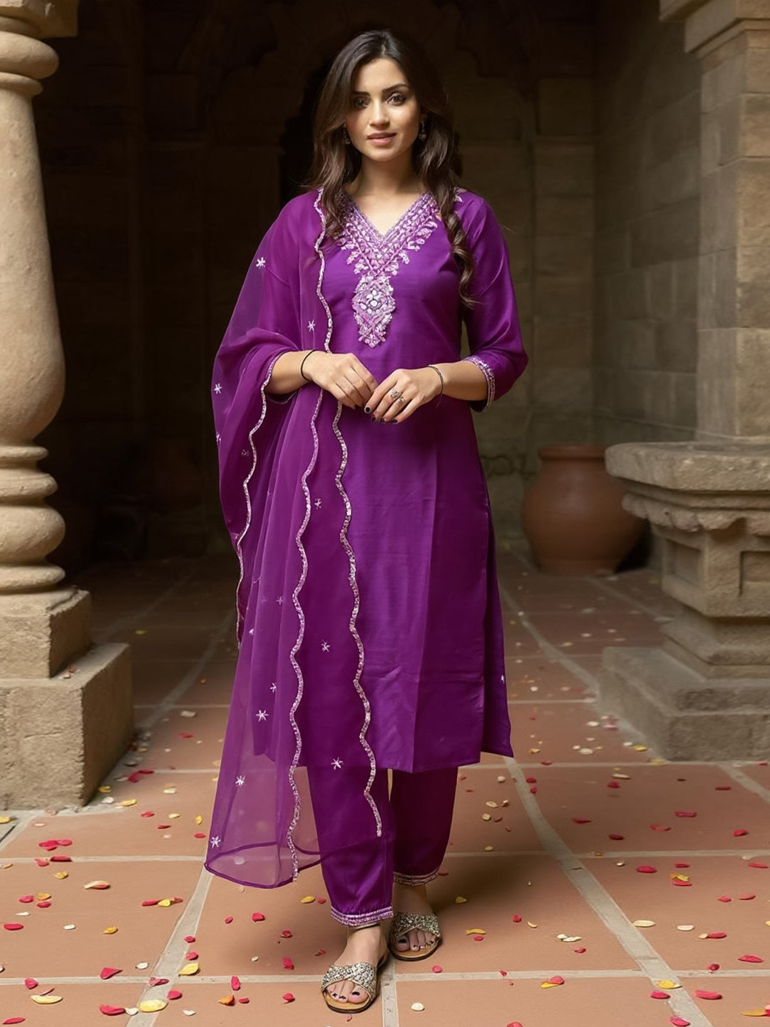 Indo Era Ethnic Motifs Yoke Design Thread Work Kurta With Trousers & Dupatta