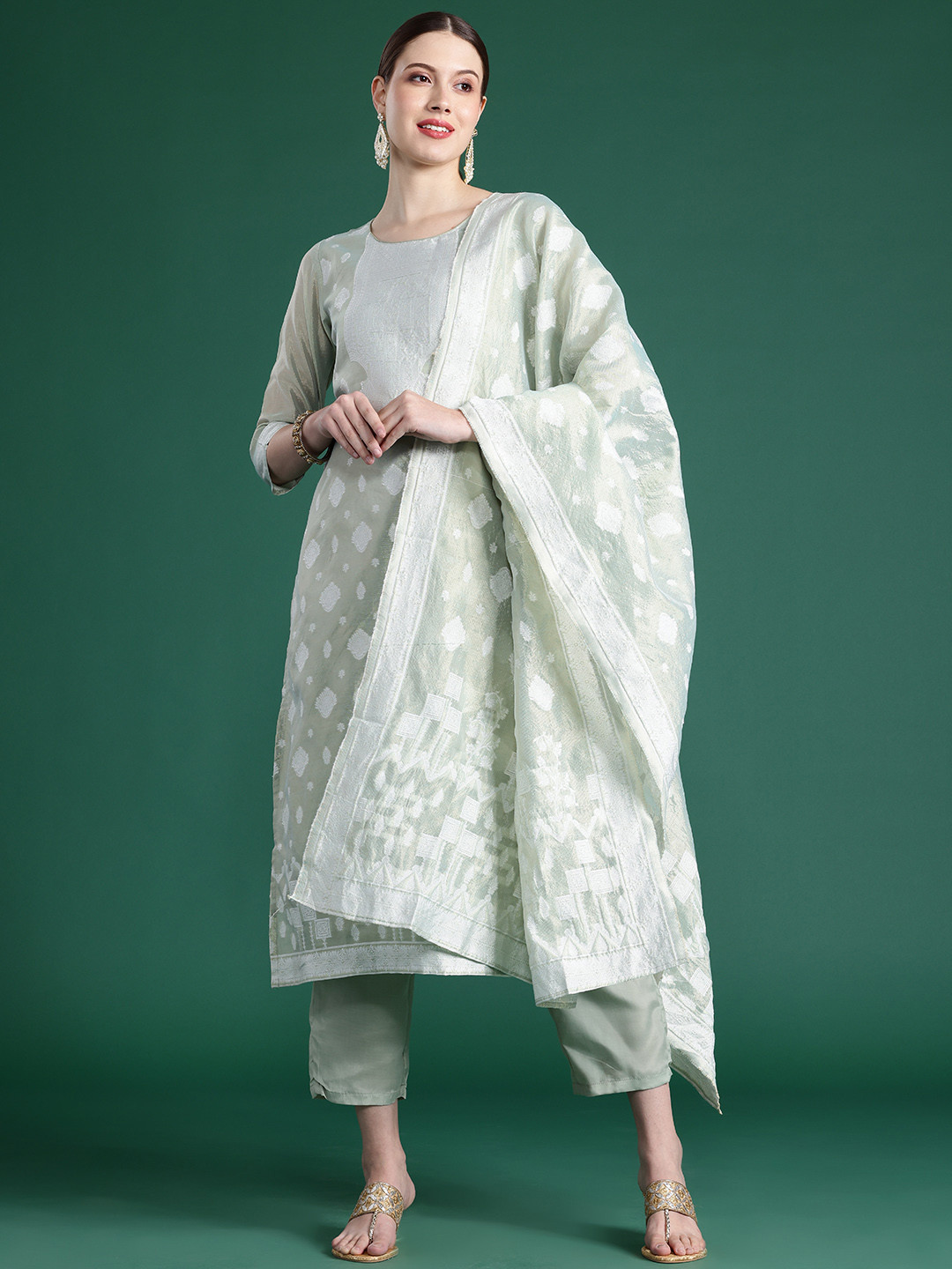 Indo Era Woven Design Kurta With Trousers & Dupatta