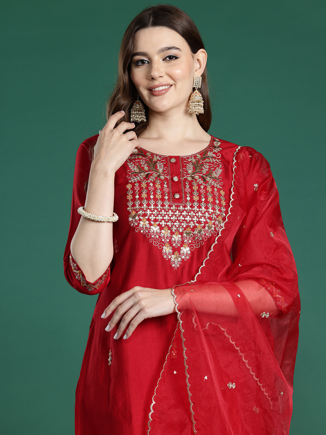 Indo Era Ethnic Motifs Embroidered Regular Sequinned Liva Kurta with Trousers & Dupatta