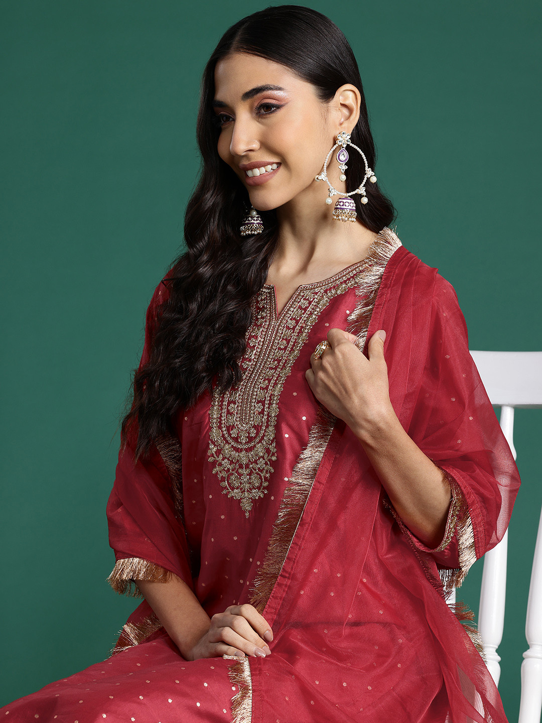 Indo Era Embroidered Chanderi Silk Kurta With Trousers & Dupatta