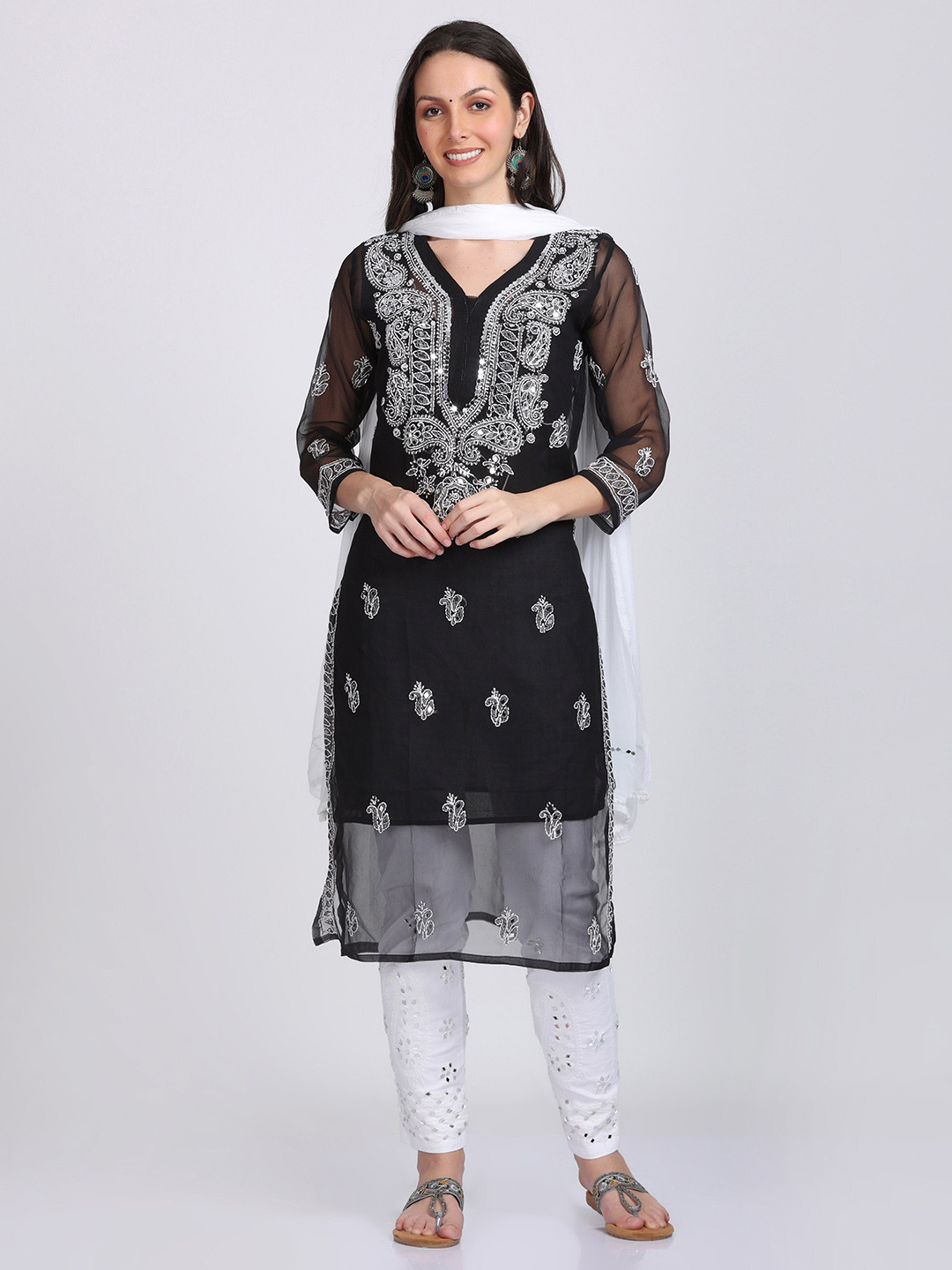 KHAKA Floral Embroidered V-Neck Chiffon Chikankari Straight Kurta With Matching Inner