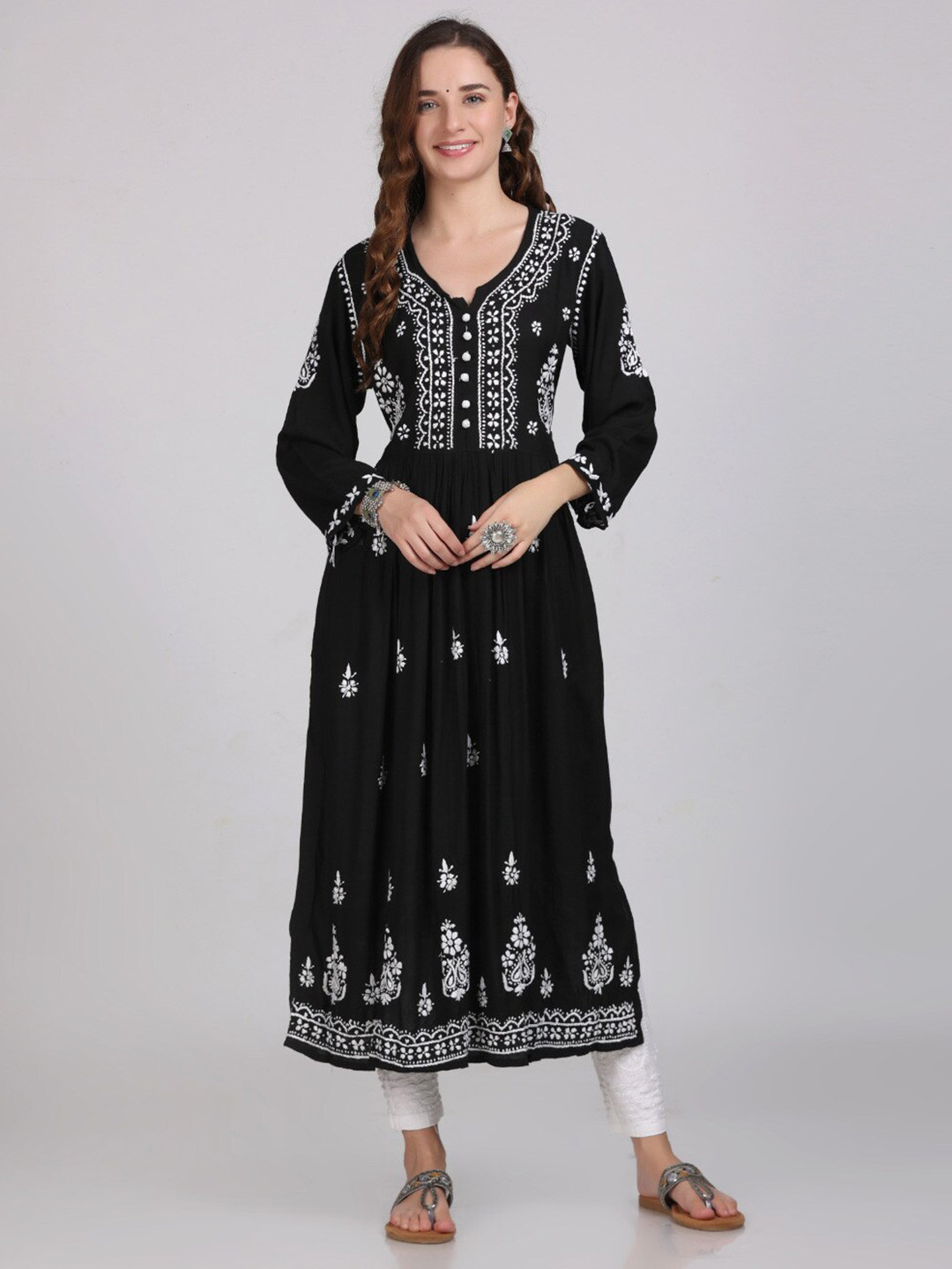 KHAKA Floral Embroidered A-Line Kurta