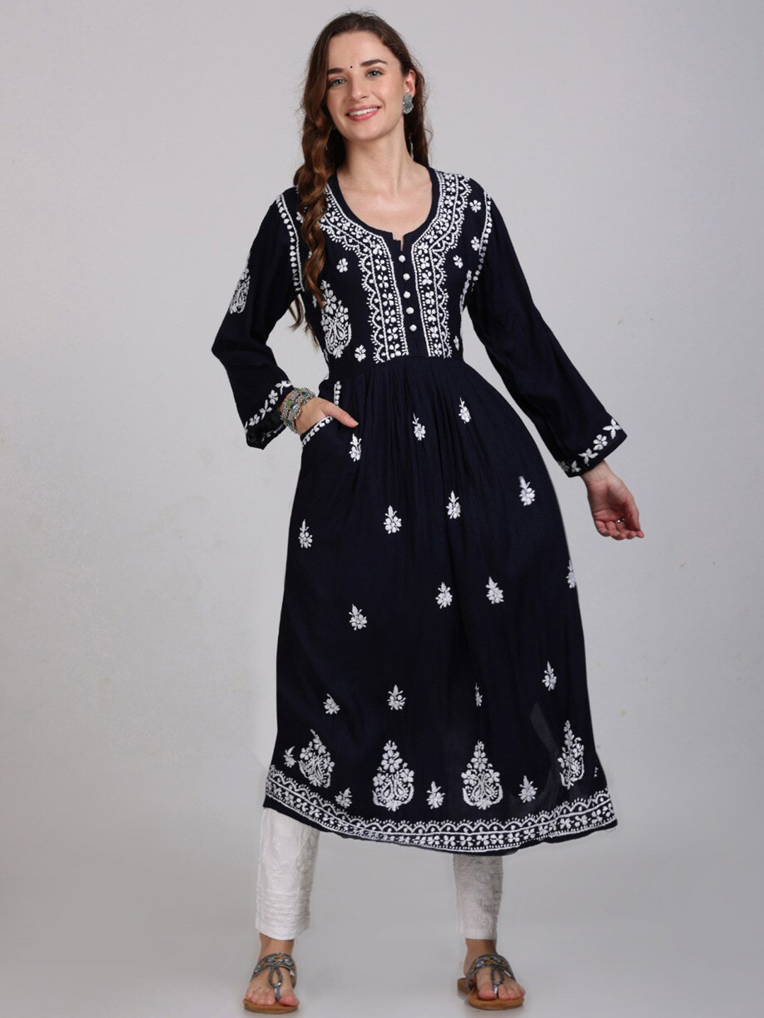 KHAKA Round Neck Long Flared Sleeves Ethnic Motifs Embroidered Chikankari Anarkali Kurta