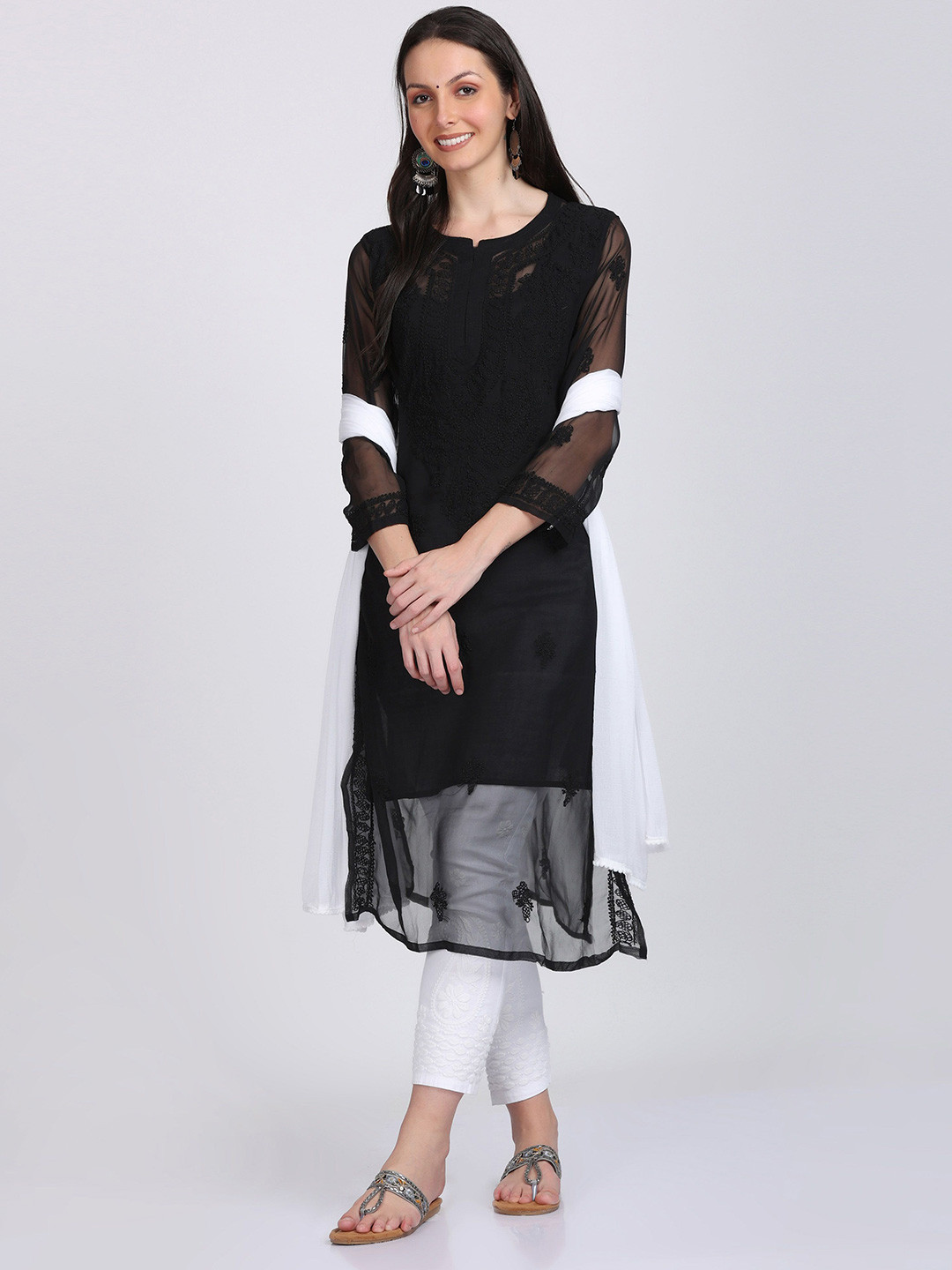 KHAKA Floral Embroidered Silk Chiffon Straight Kurta With Matching Inner